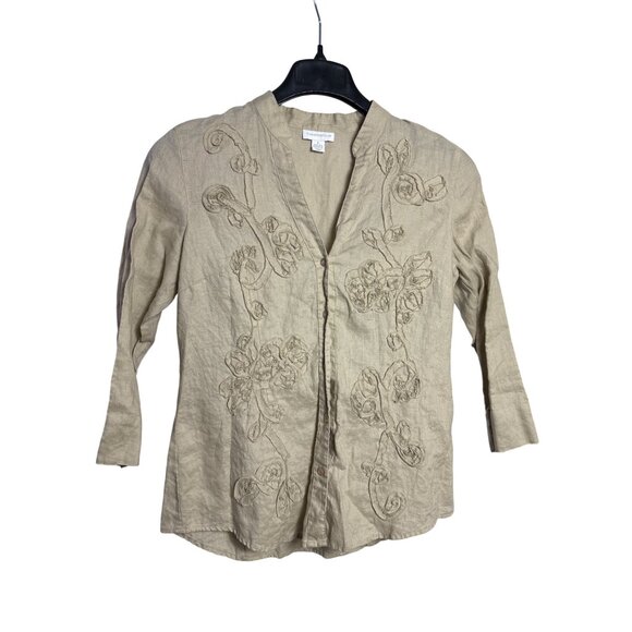 Charter Club Button Front Top 8 Linen Beige Floral Beachy Lagenlook Neutral - Picture 1 of 7